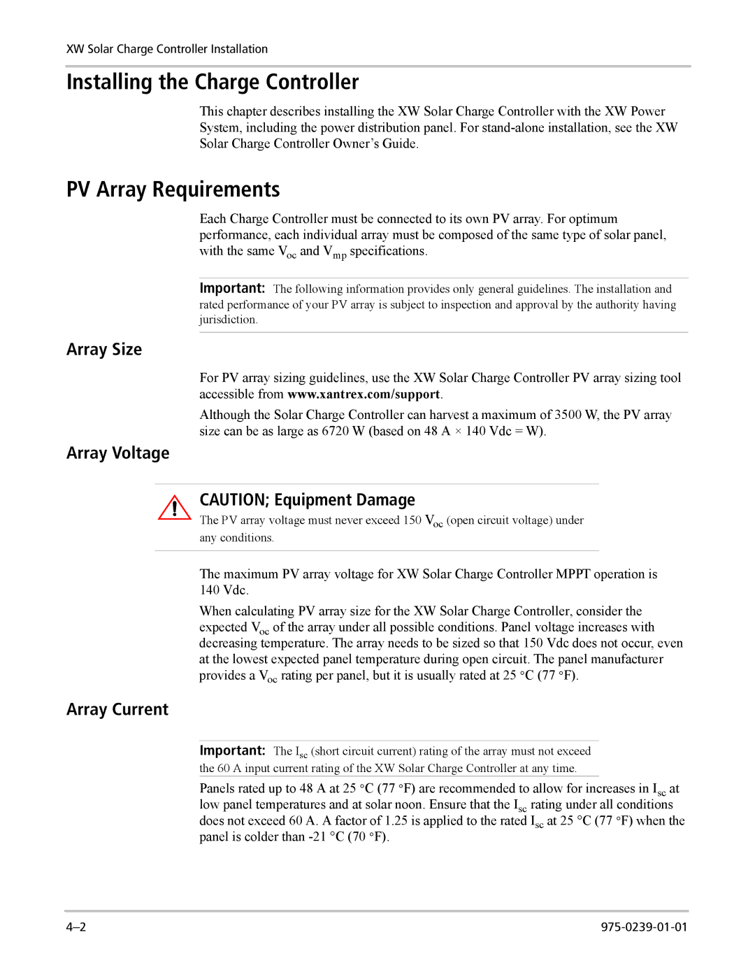 Xantrex Technology XW6048-120/240-60 Installing the Charge Controller, PV Array Requirements, Array Size, Array Voltage 