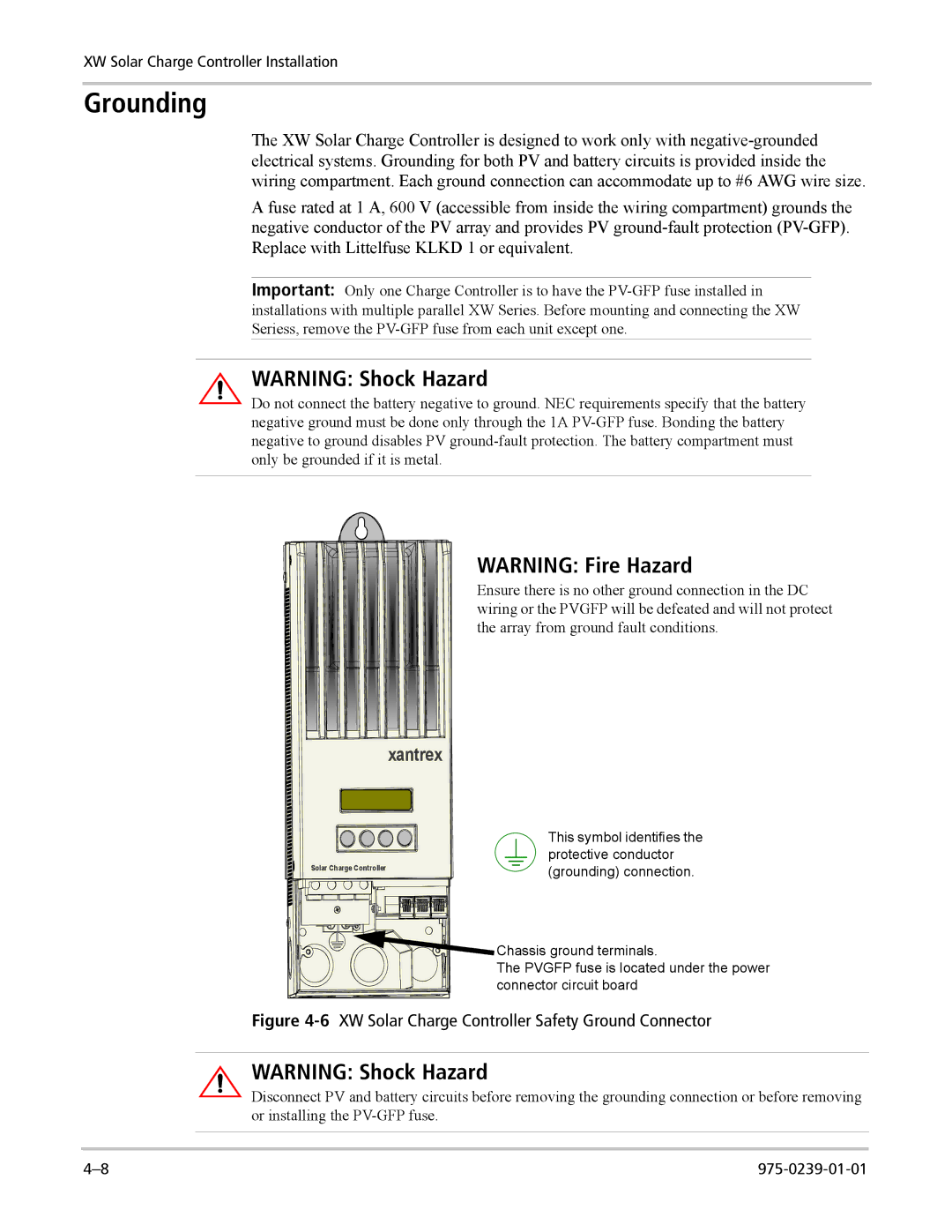 Xantrex Technology XW6048-120/240-60, XW4024-120/240-60 manual Grounding, XW Solar Charge Controller Safety Ground Connector 