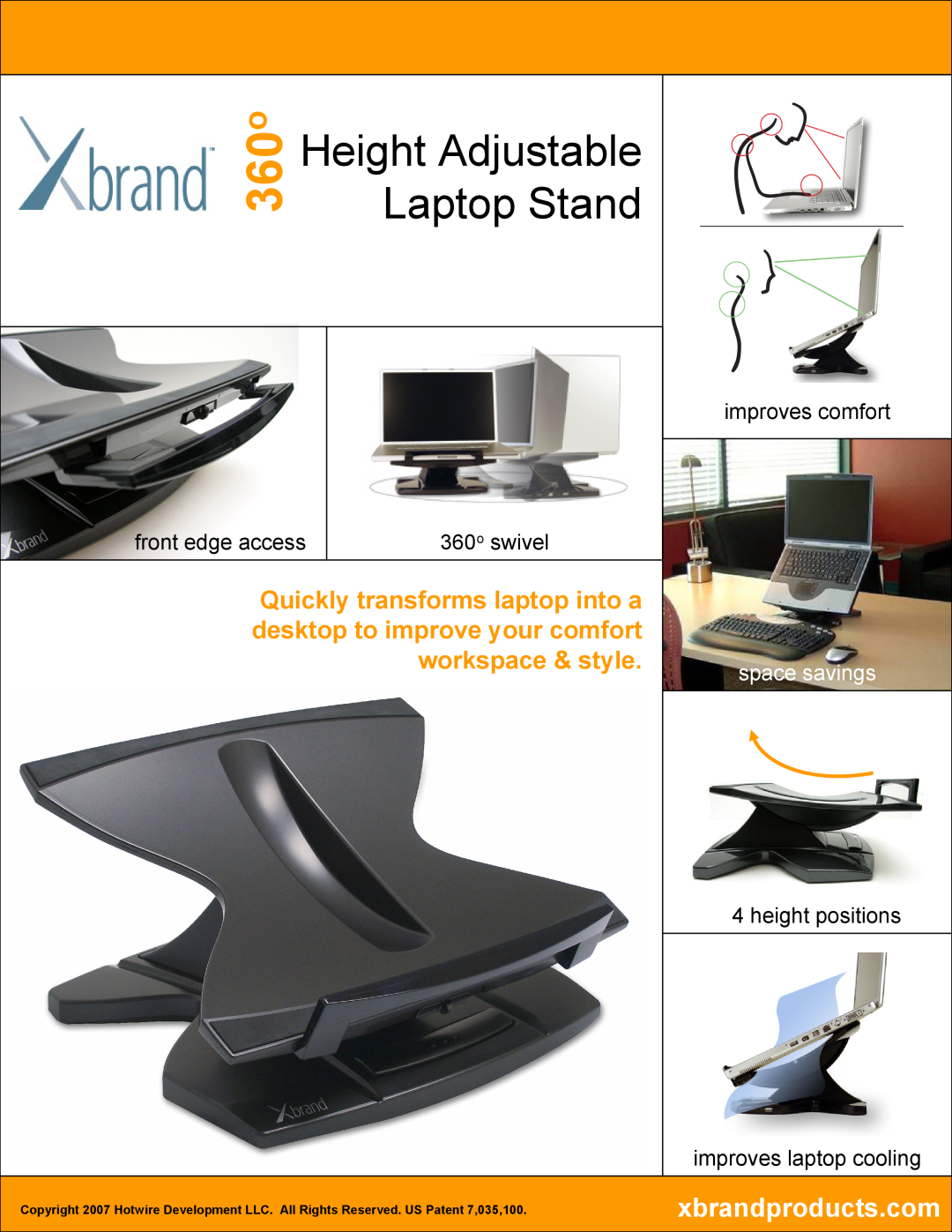 Xbrand 360o Swivel manual front edge access, 360o swivel, height positions, Height Adjustable, Laptop Stand, space savings 