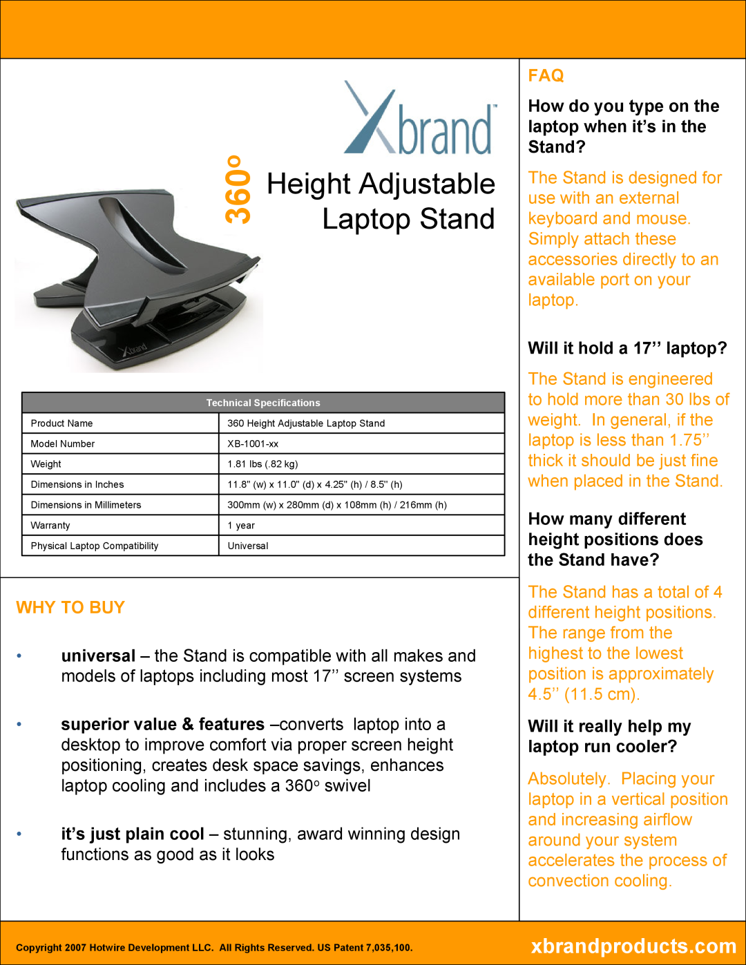 Xbrand XB-1001-xx, 360o Swivel manual Height Adjustable, Laptop Stand, Why To Buy, Will it hold a 17’’ laptop? 