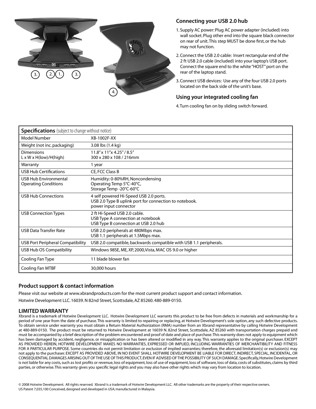 Xbrand XB-1002F Connecting your USB 2.0 hub, Using your integrated cooling fan, Product support & contact information 