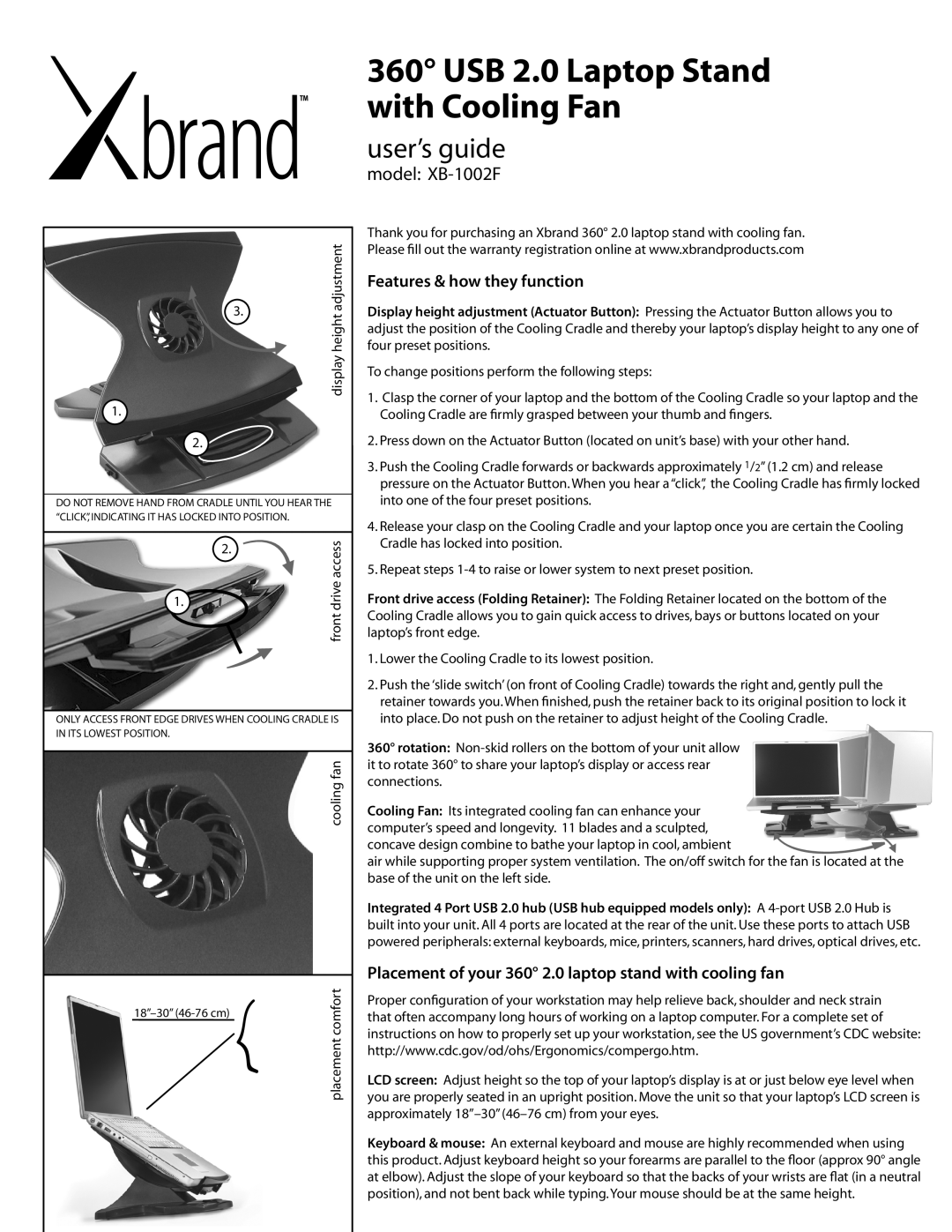 Xbrand XB-1002F warranty Features & how they function, brand, with Cooling Fan, USB 2.0 Laptop Stand, user’s guide, front 