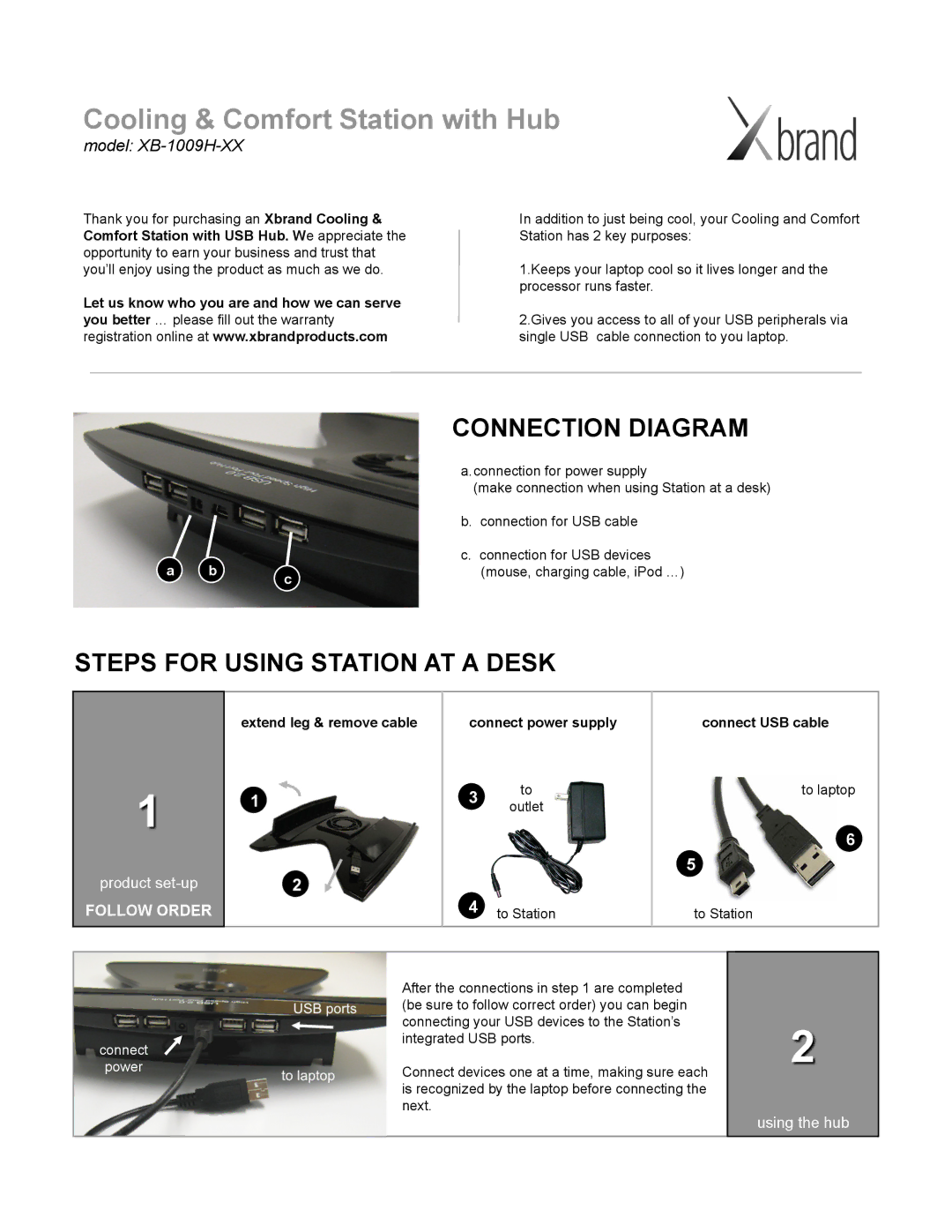 Xbrand XB-1009H-XX warranty Connection Diagram, Steps for Using Station AT a Desk, To laptop 