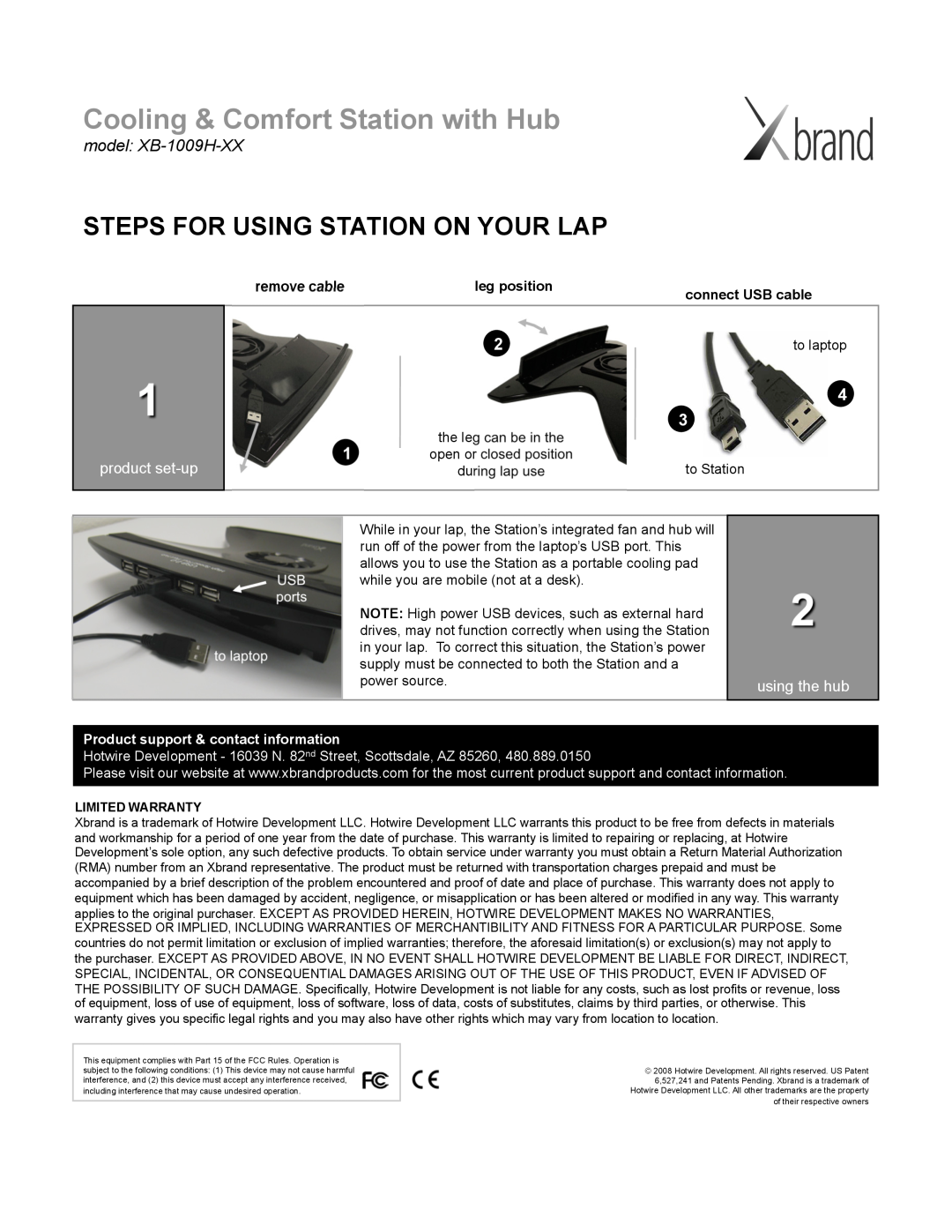 Xbrand XB-1009H-XX Steps For Using Station On Your Lap, remove cable, leg position, Product support & contact information 
