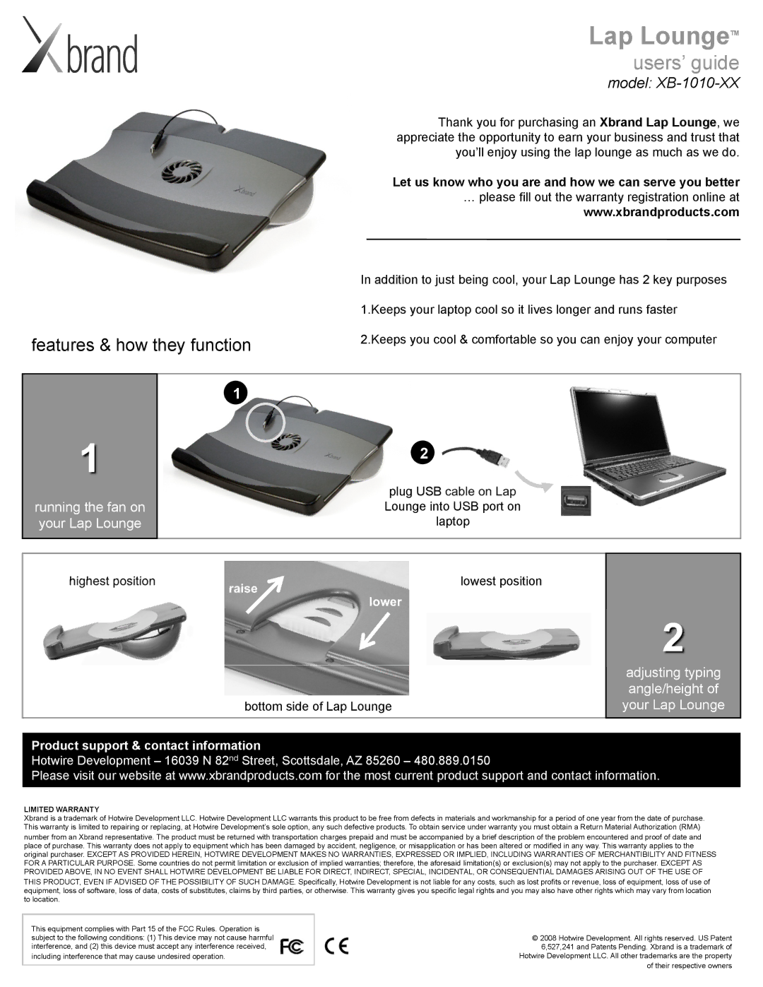 Xbrand XB-1010-XX warranty Lap LoungeTM, Users’ guide, Features & how they function, Running the fan on your Lap Lounge 