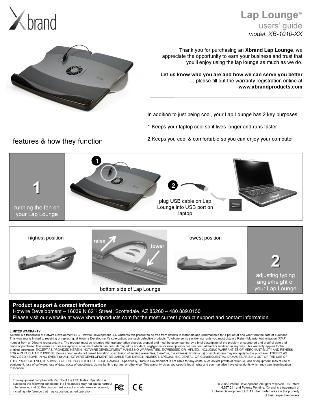 Xbrand warranty Lap LoungeTM, users’ guide, features & how they function, model XB-1010-XX, highest position, raise 