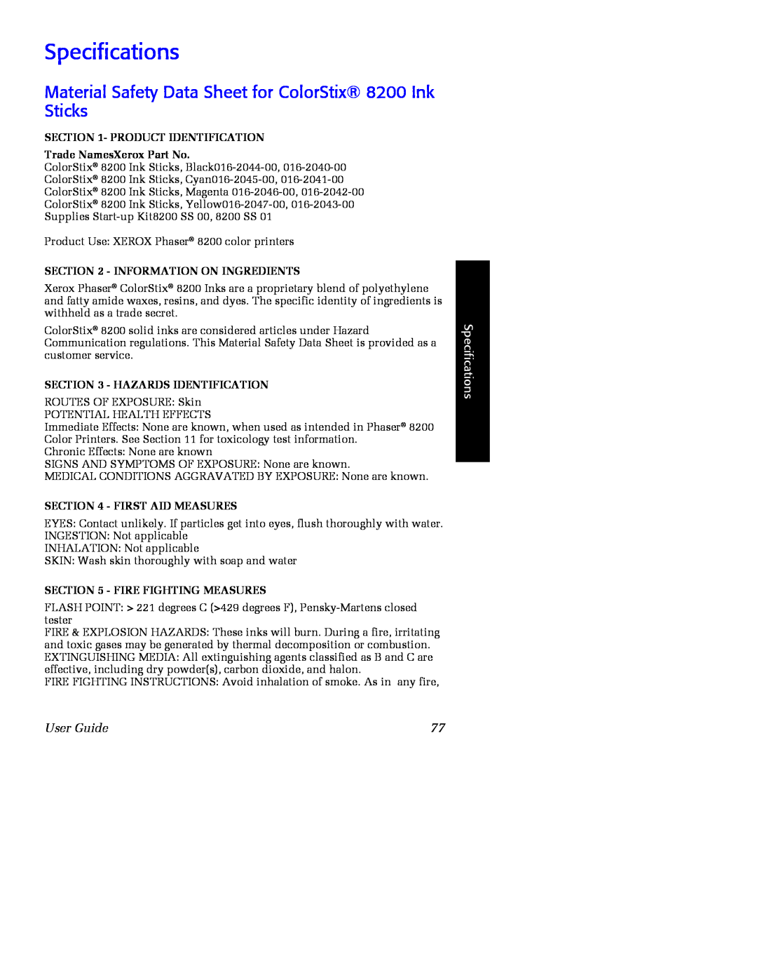 Xerox 016-2045-00 specifications Material Safety Data Sheet for ColorStix 8200 Ink Sticks, Specifications, User Guide 