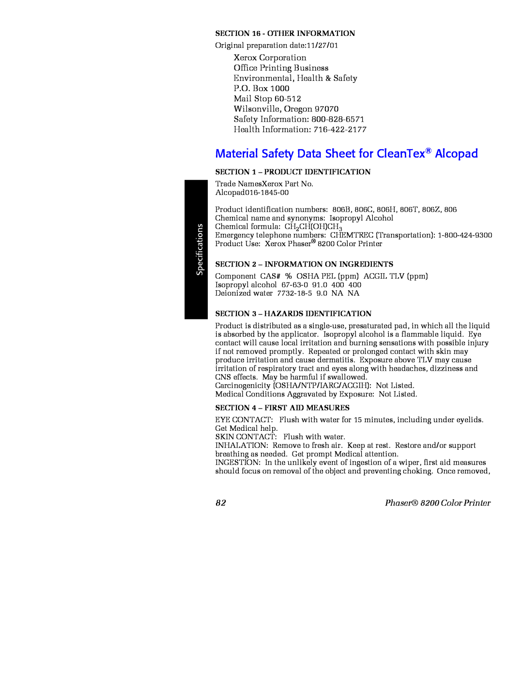 Xerox 016-2042-00, 016-2047-00 Material Safety Data Sheet for CleanTex Alcopad, Product Identification, Specifications 