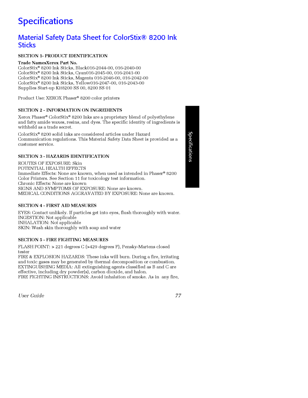 Xerox 016-2045-00, 016-2047-00 specifications Product Identification, Information on Ingredients, Hazards Identification 