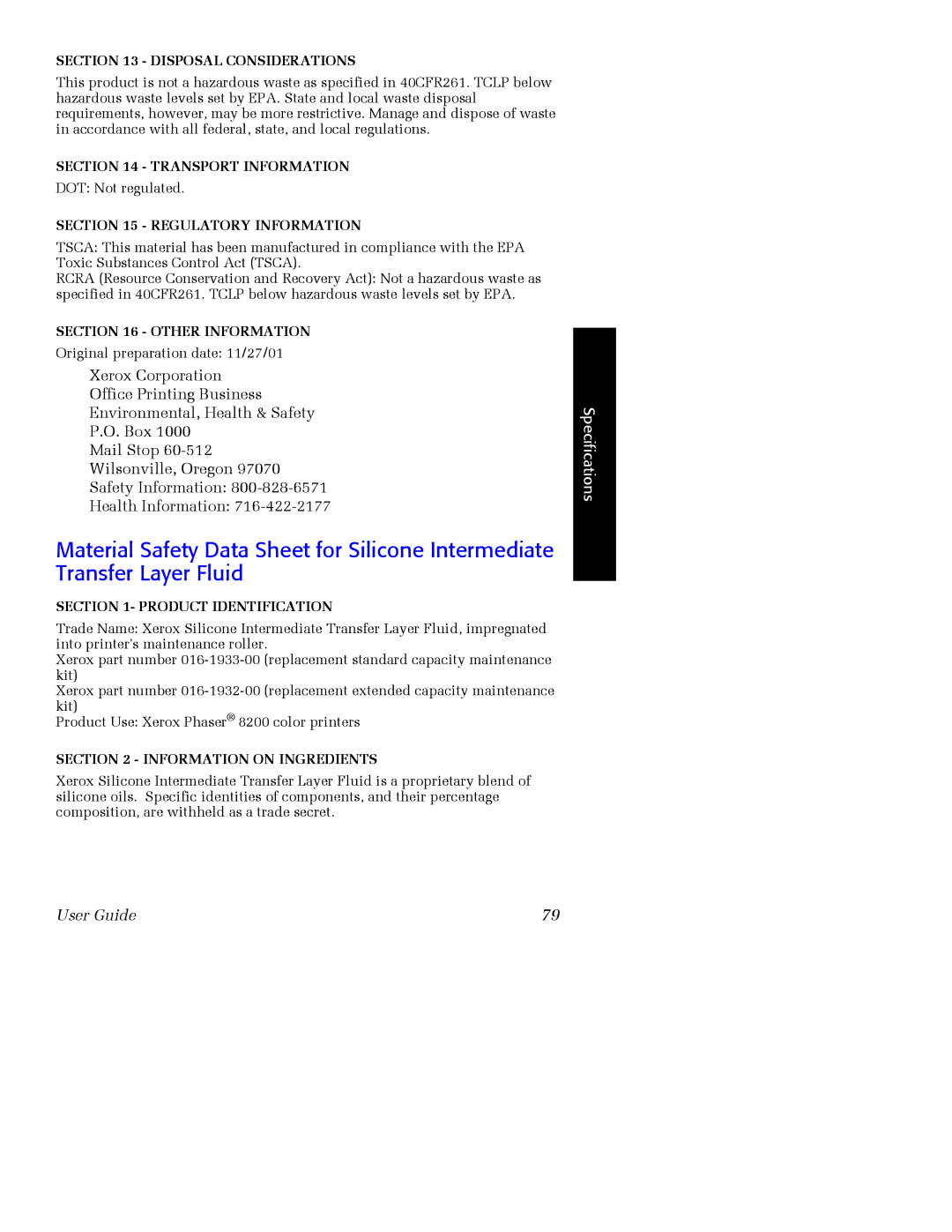 Xerox 016-2046-00, 016-2047-00 Disposal Considerations, Transport Information, Regulatory Information, Other Information 