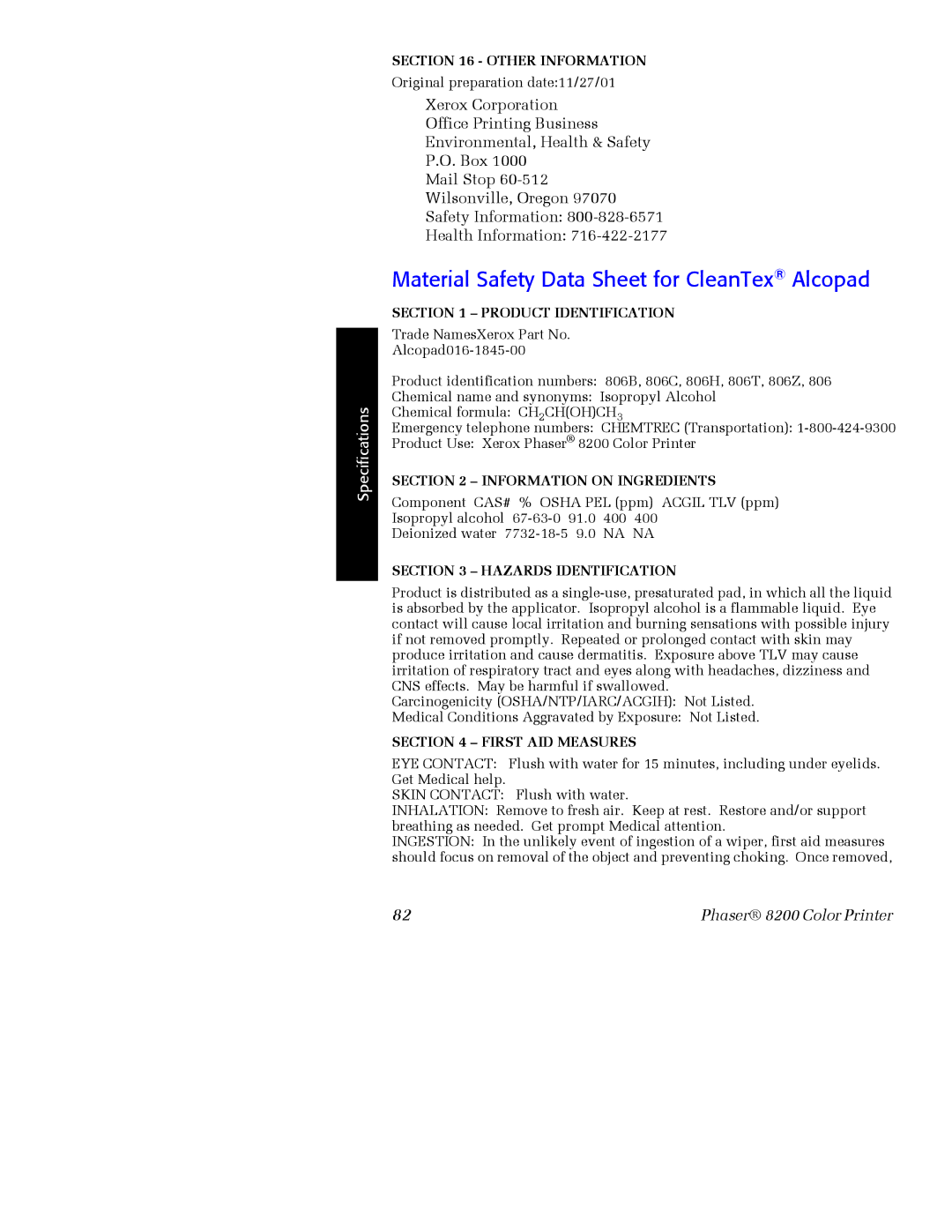 Xerox 016-2042-00, 016-2047-00, 016-2045-00, 016-2041-00, 016-2046-00 Material Safety Data Sheet for CleanTex Alcopad 