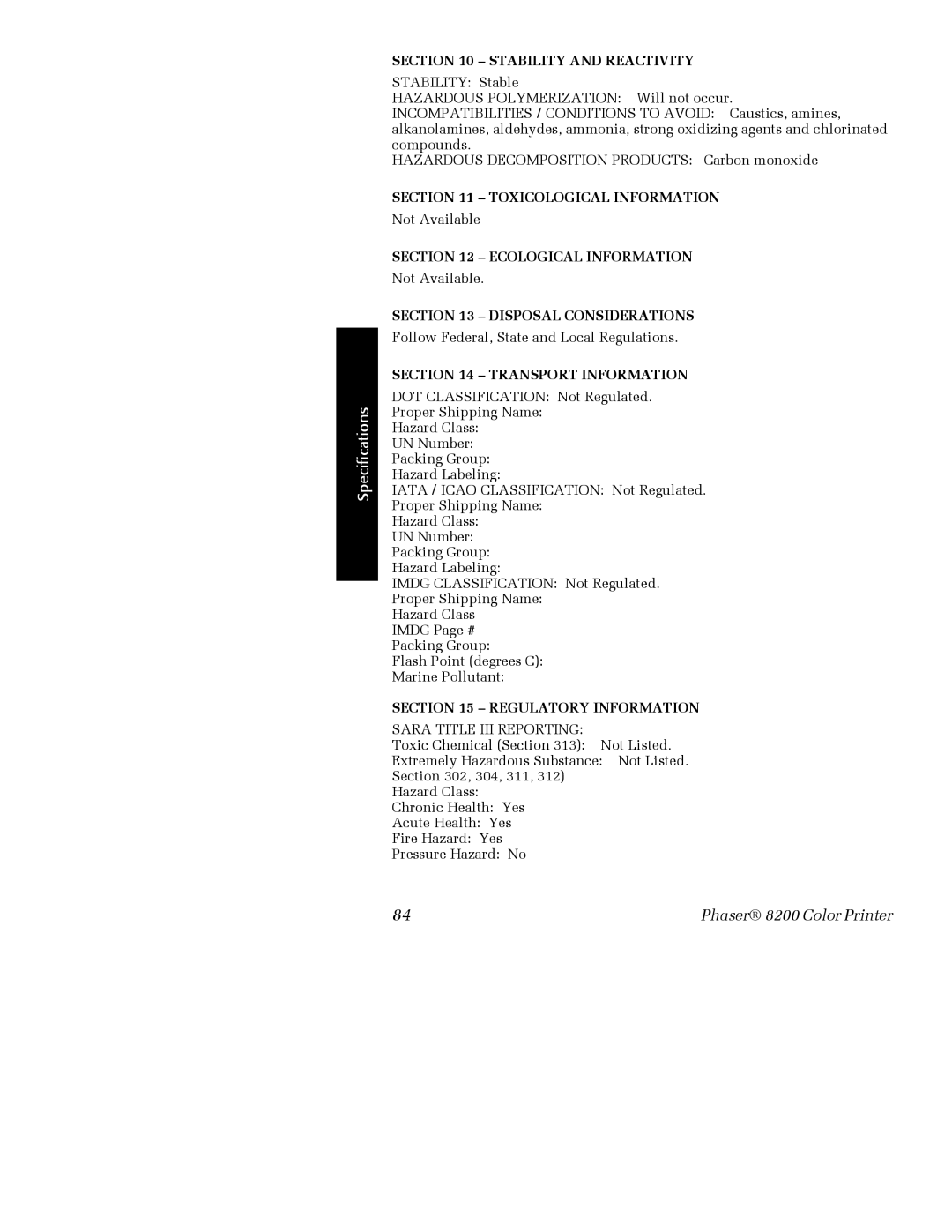 Xerox 016-2047-00, 016-2045-00, 016-2041-00, 016-2046-00, 016-2040-00 Stability and Reactivity, Sara Title III Reporting 