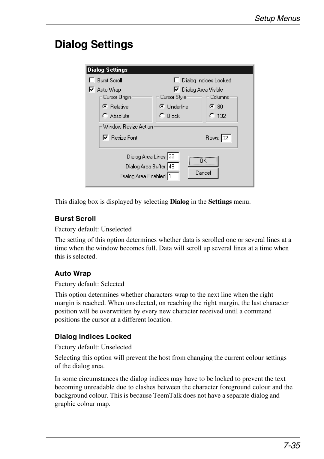 Xerox 07W & -11W, 05W manual Dialog Settings, Burst Scroll, Auto Wrap, Dialog Indices Locked 