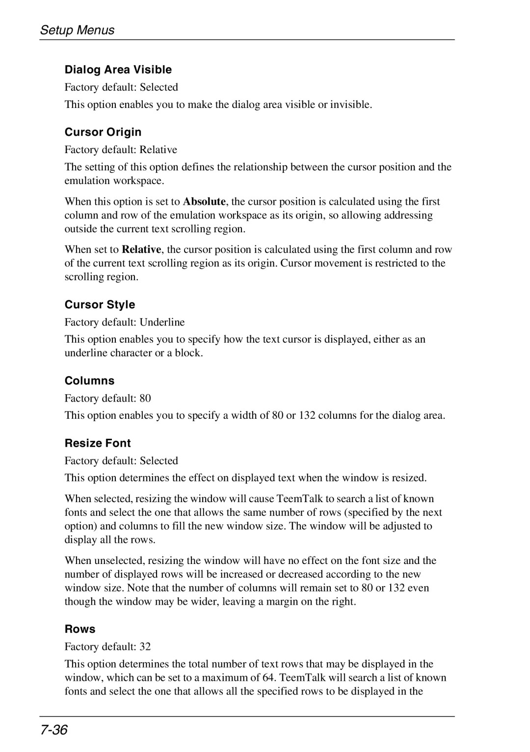 Xerox 05W, 07W & -11W manual Dialog Area Visible, Cursor Origin, Cursor Style, Columns, Resize Font, Rows 