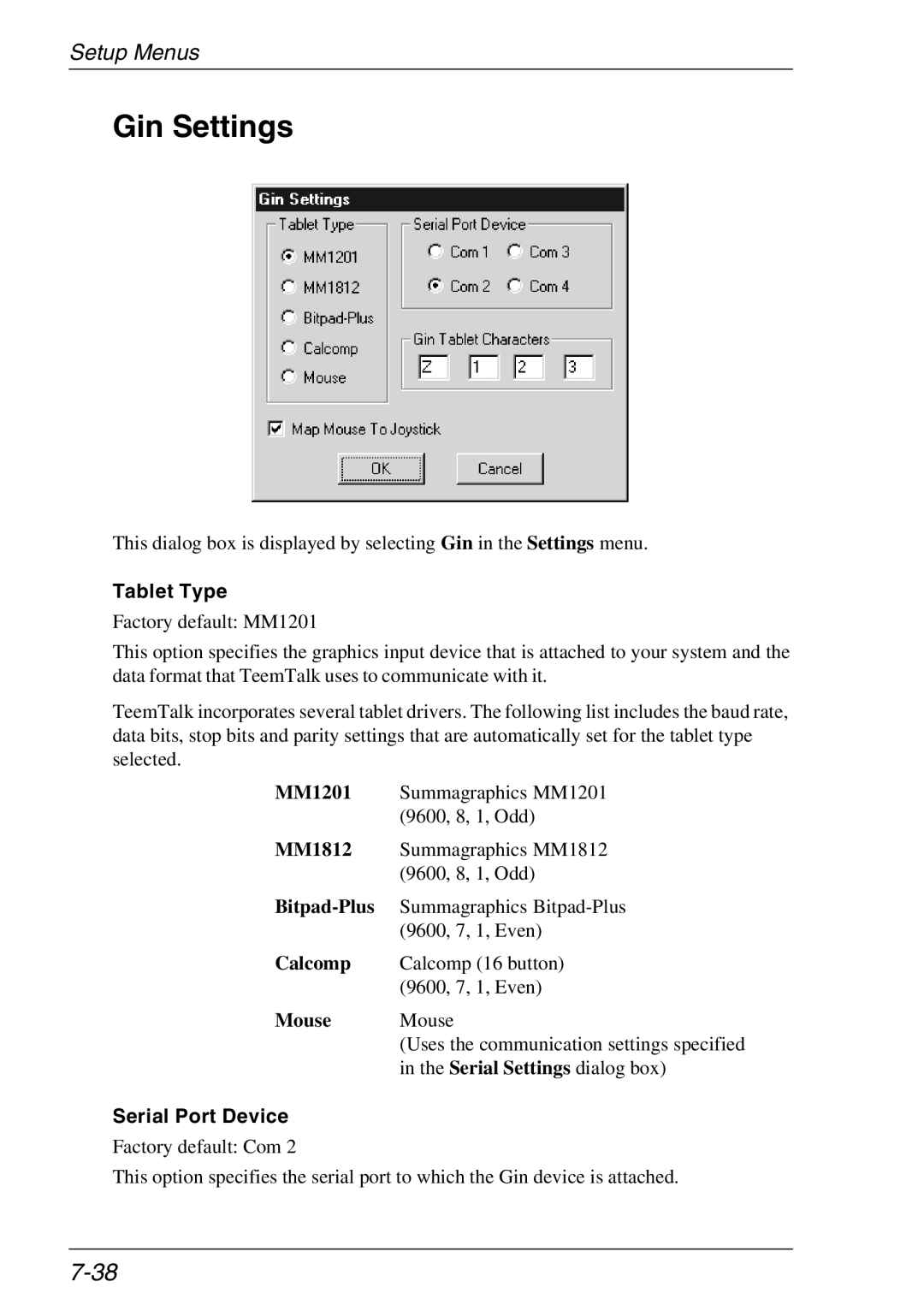 Xerox 05W, 07W & -11W manual Gin Settings, Tablet Type, Serial Port Device 