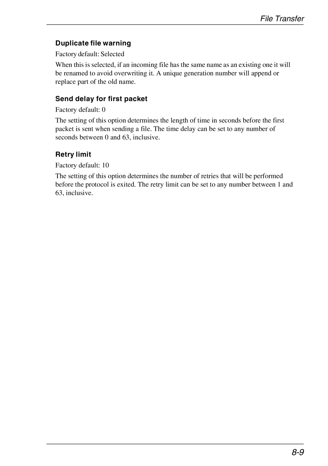 Xerox 07W & -11W, 05W manual Duplicate file warning, Send delay for first packet, Retry limit 