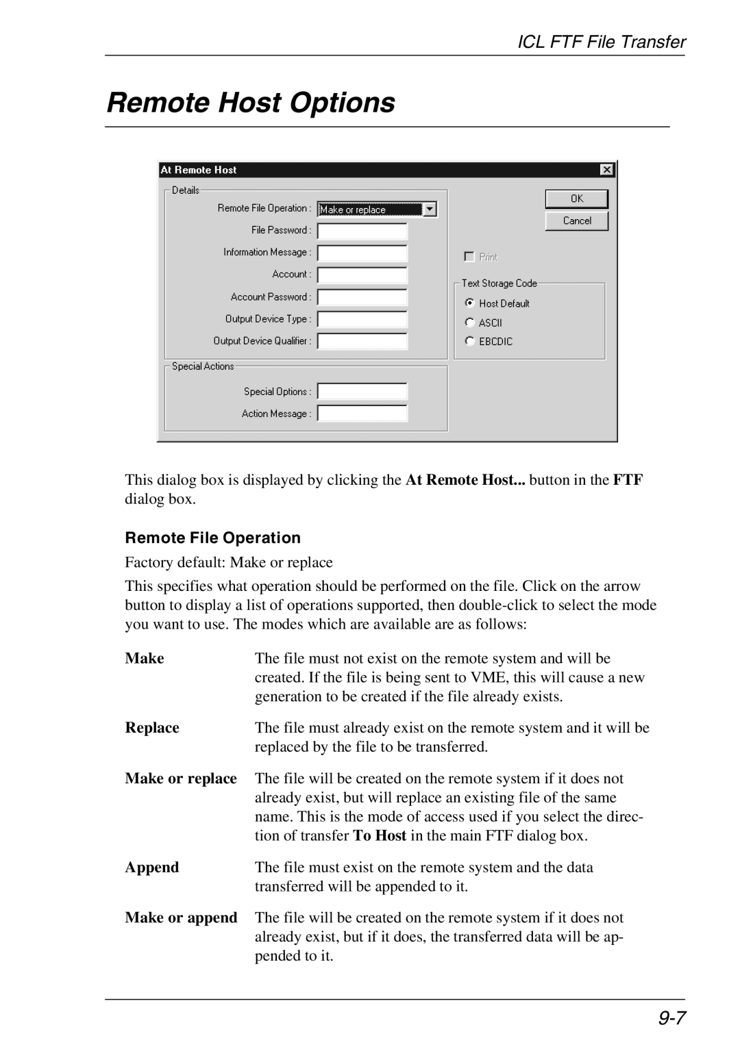 Xerox 07W & -11W, 05W manual Remote Host Options, Remote File Operation, Make, Replace, Append 