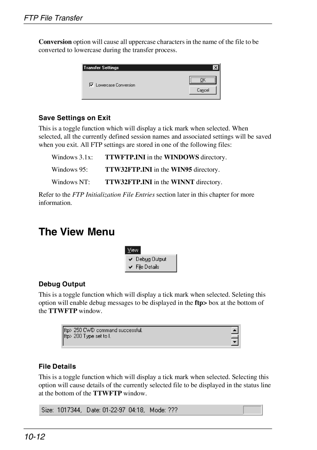 Xerox 05W, 07W & -11W manual View Menu, 10-12, Save Settings on Exit, Debug Output, File Details 