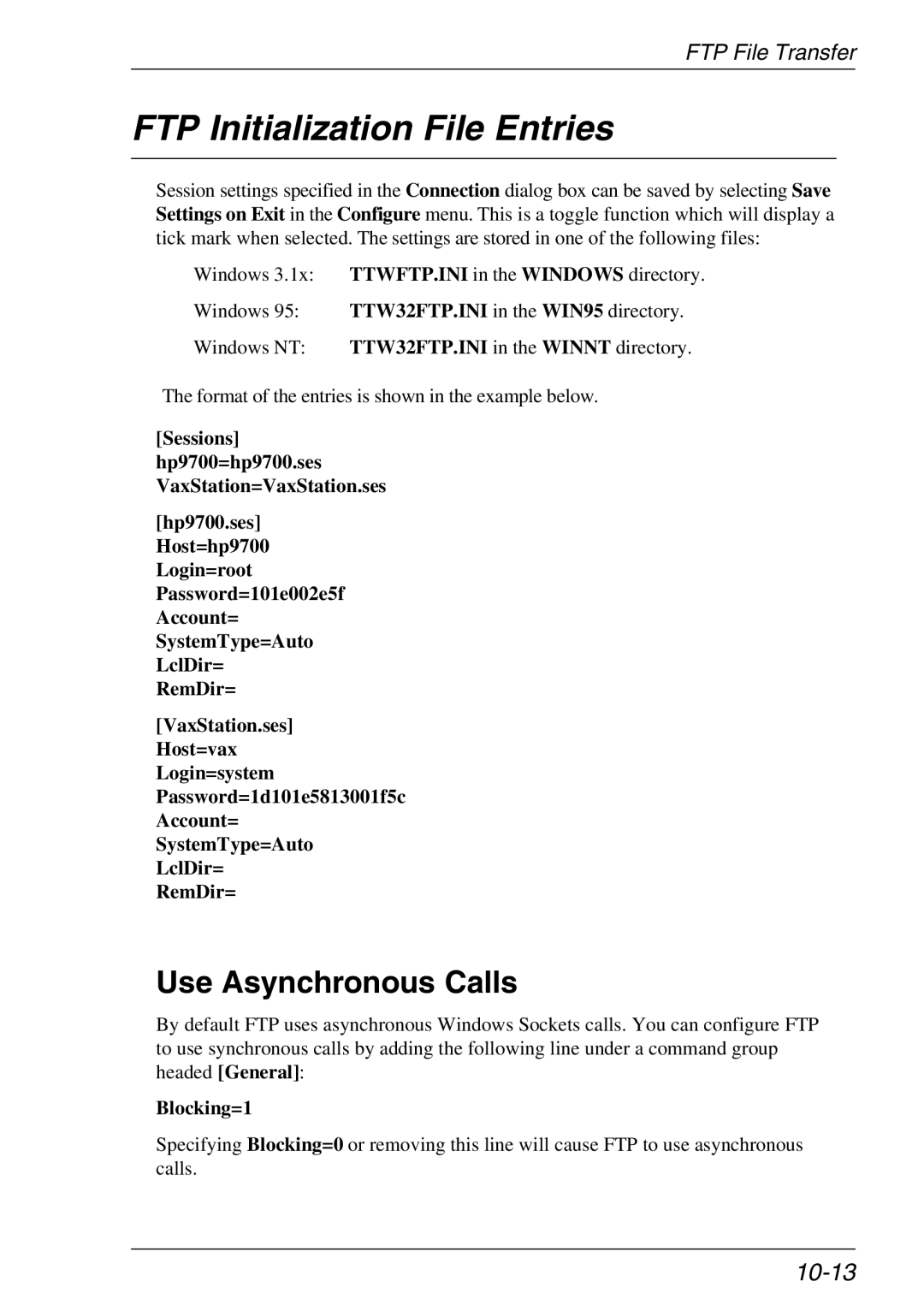 Xerox 07W & -11W, 05W manual FTP Initialization File Entries, Use Asynchronous Calls, 10-13, Blocking=1 