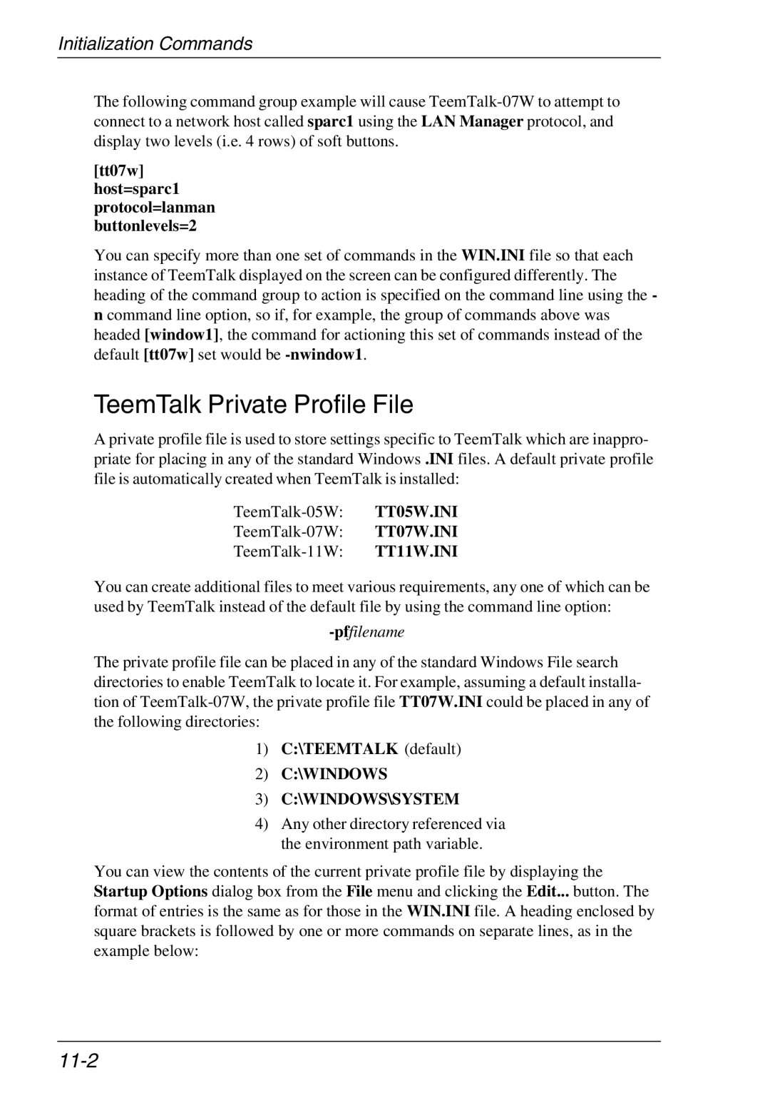 Xerox 05W manual TeemTalk Private Profile File, 11-2, Tt07w Host=sparc1 Protocol=lanman Buttonlevels=2, TEEMTALK default 