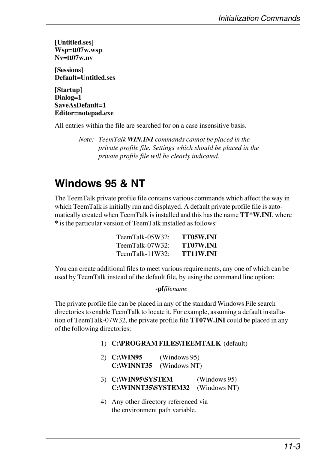 Xerox 07W & -11W, 05W manual Windows 95 & NT, 11-3, PROGRAM FILES\TEEMTALK default, WIN95 