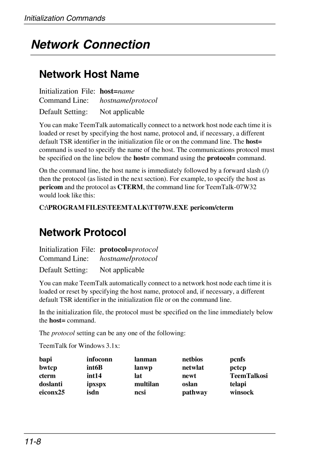 Xerox 05W Network Connection, Network Host Name, Network Protocol, 11-8, PROGRAM FILES\TEEMTALK\TT07W.EXE pericom/cterm 