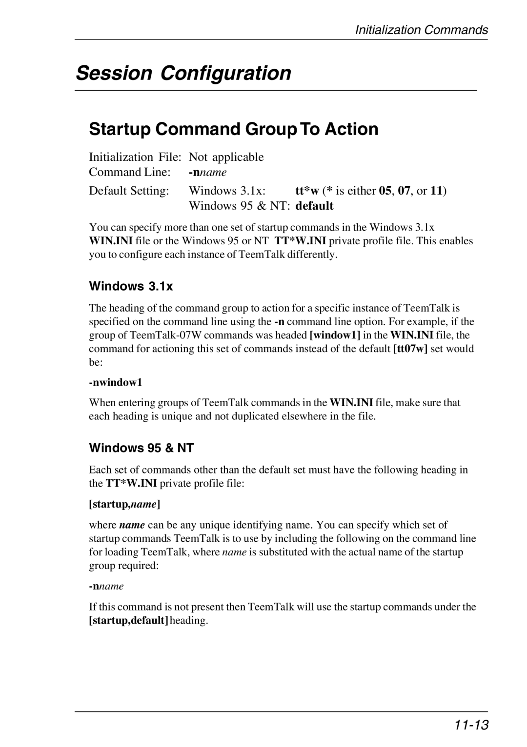 Xerox 07W & -11W, 05W manual Session Configuration, Startup Command Group To Action, 11-13, Windows 95 & NT 