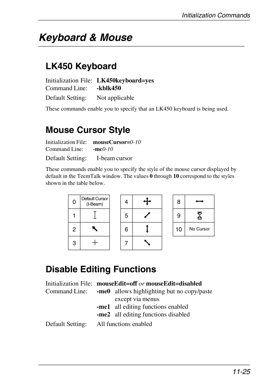 Xerox 07W & -11W, 05W manual Keyboard & Mouse, LK450 Keyboard, Mouse Cursor Style, Disable Editing Functions, 11-25 