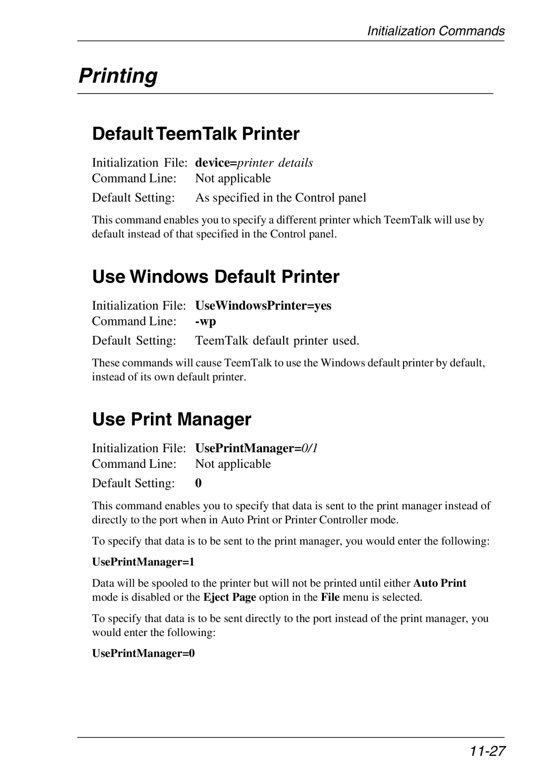 Xerox 07W & -11W, 05W manual Printing, Default TeemTalk Printer, Use Windows Default Printer, Use Print Manager, 11-27 