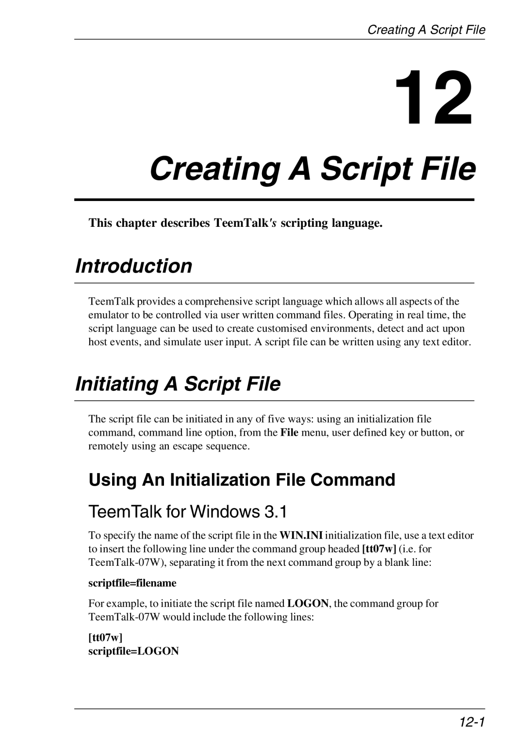 Xerox 07W & -11W, 05W manual Creating a Script File, Initiating a Script File, Using An Initialization File Command, 12-1 