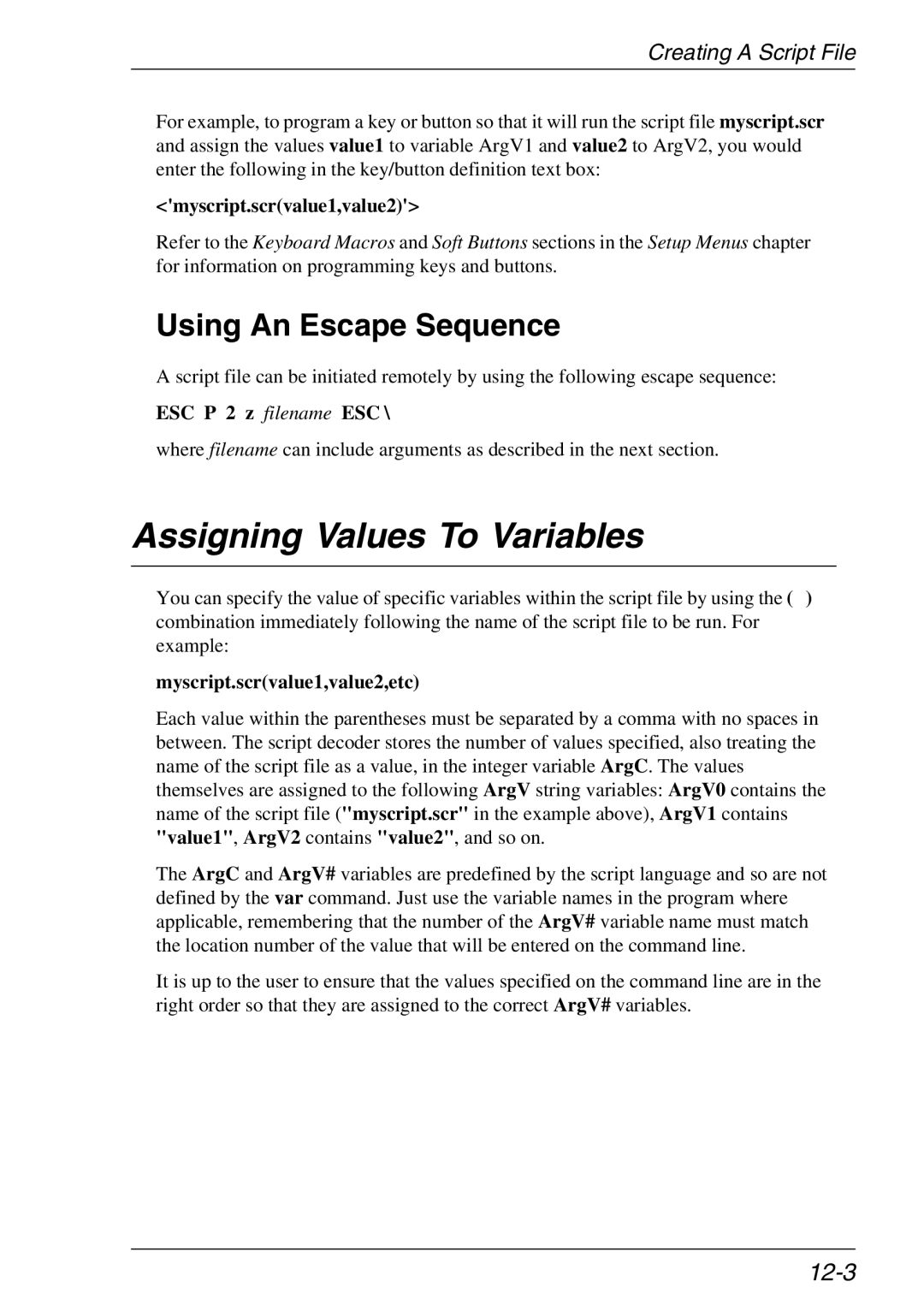 Xerox 07W & -11W, 05W manual Assigning Values To Variables, Using An Escape Sequence, 12-3, ESC P 2 z filename ESC 