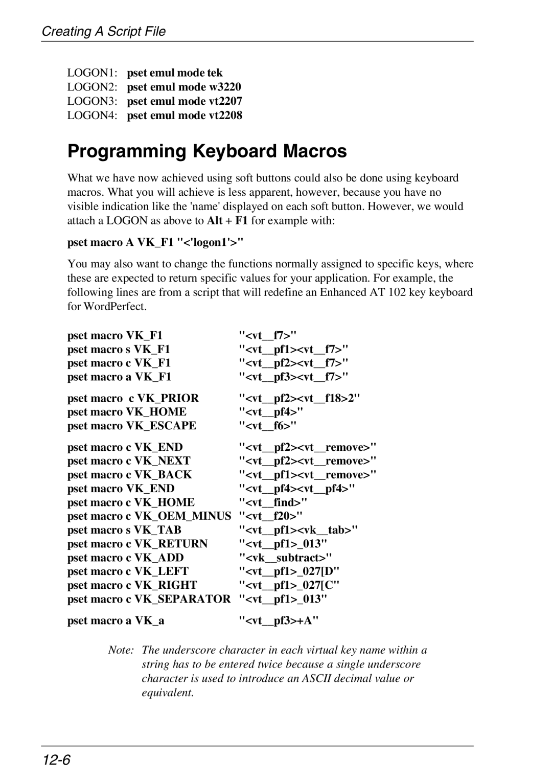 Xerox 05W, 07W & -11W manual Programming Keyboard Macros, 12-6, Pset macro a VKF1 logon1 