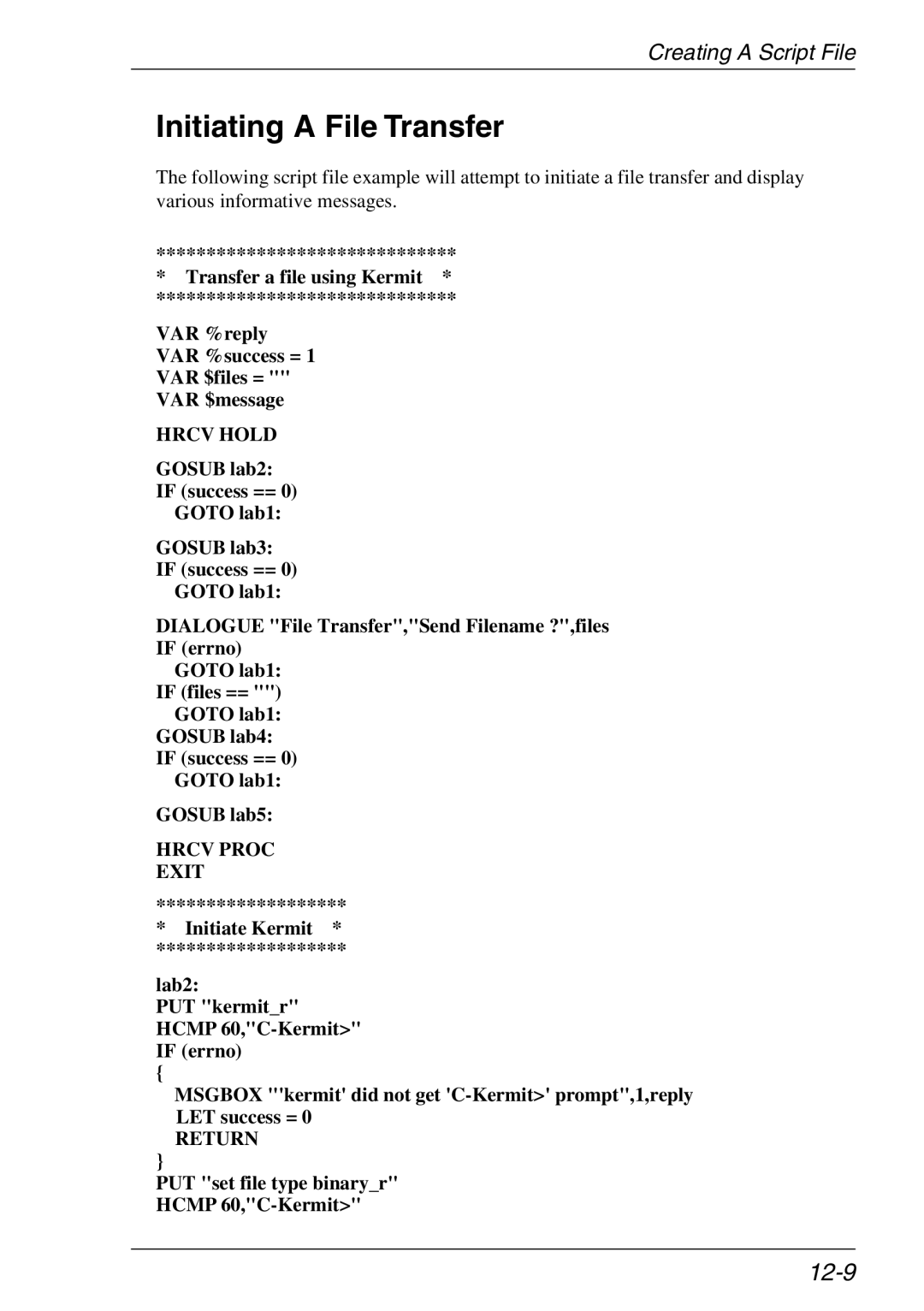 Xerox 07W & -11W, 05W manual Initiating a File Transfer, 12-9, PUT set file type binaryr Hcmp 60,C-Kermit 