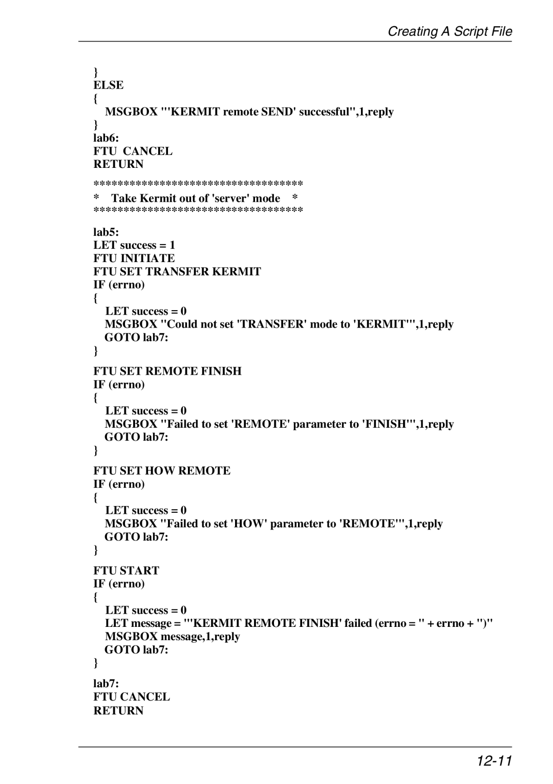 Xerox 07W & -11W, 05W manual 12-11, Msgbox Kermit remote Send successful,1,reply Lab6 