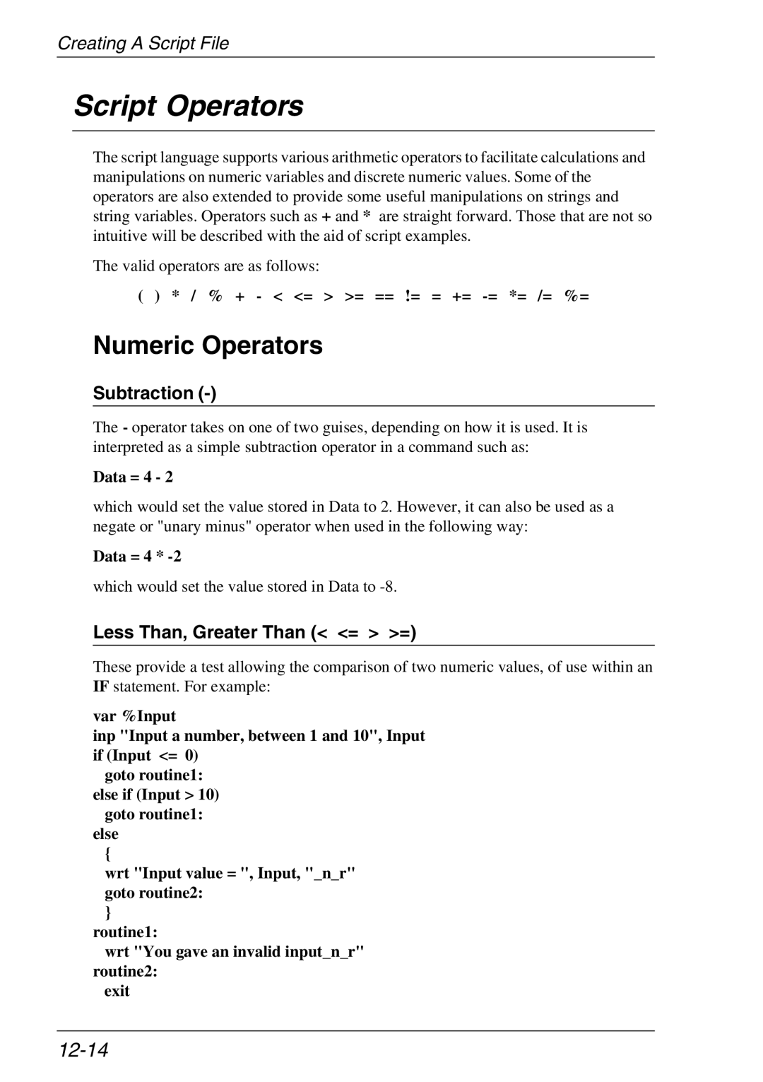 Xerox 05W, 07W & -11W manual Script Operators, Numeric Operators, 12-14, Subtraction, Less Than, Greater Than = = 