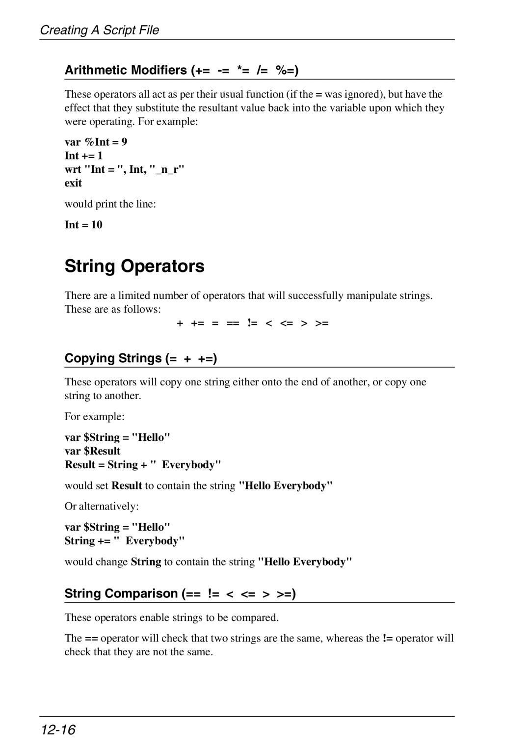 Xerox 05W, 07W & -11W manual String Operators, 12-16, Arithmetic Modifiers += -= *= /= %=, Copying Strings = + += 