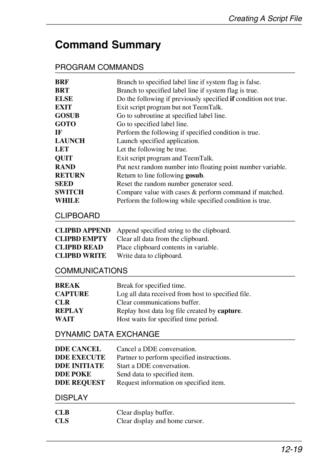 Xerox 07W & -11W, 05W manual Command Summary, 12-19 