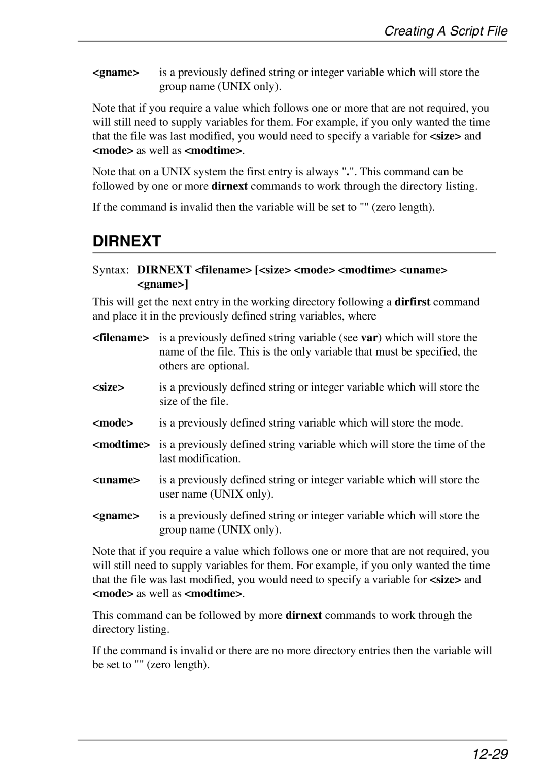 Xerox 07W & -11W, 05W manual 12-29, Syntax Dirnext filename size mode modtime uname gname 