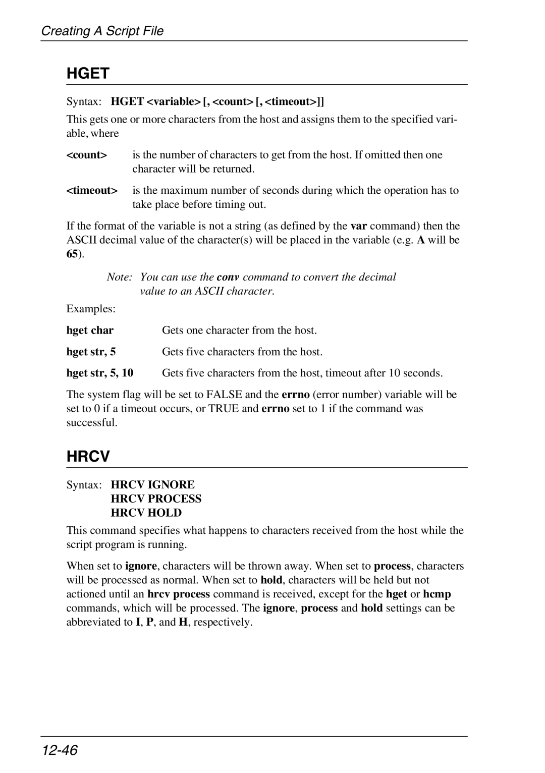 Xerox 05W, 07W & -11W manual 12-46, Syntax Hget variable , count , timeout, Syntax Hrcv Ignore 