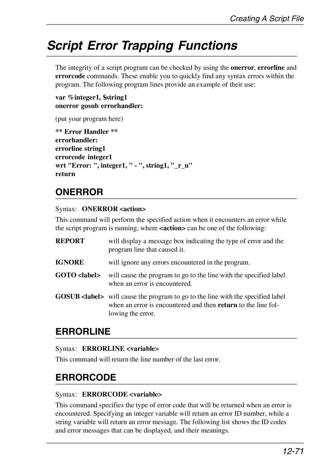 Xerox 07W & -11W, 05W manual Script Error Trapping Functions, 12-71, Var %integer1, $string1 onerror gosub errorhandler 