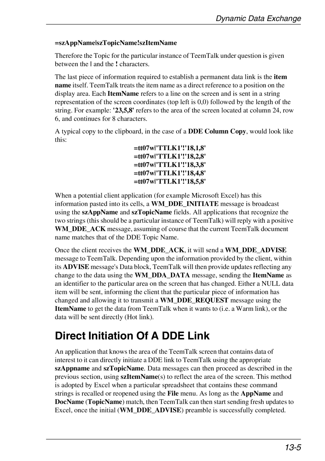 Xerox 07W & -11W, 05W manual Direct Initiation Of a DDE Link, 13-5, =szAppNameszTopicName!szItemName 