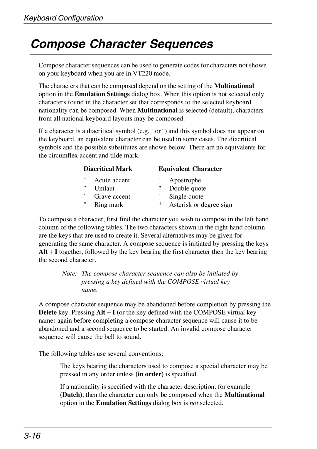 Xerox 05W, 07W & -11W manual Compose Character Sequences, Diacritical Mark Equivalent Character 