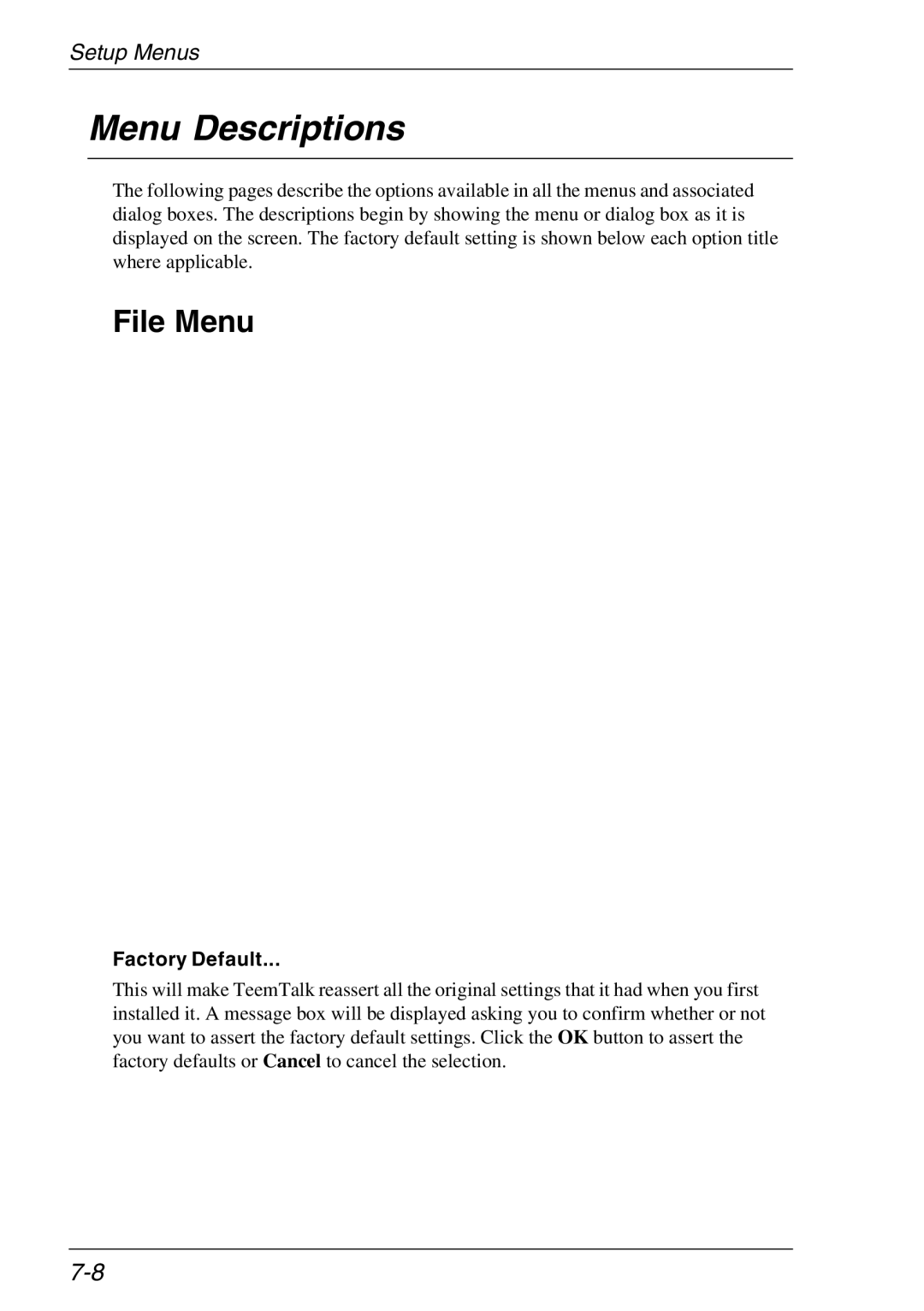 Xerox 05W, 07W & -11W manual Menu Descriptions, File Menu, Factory Default 