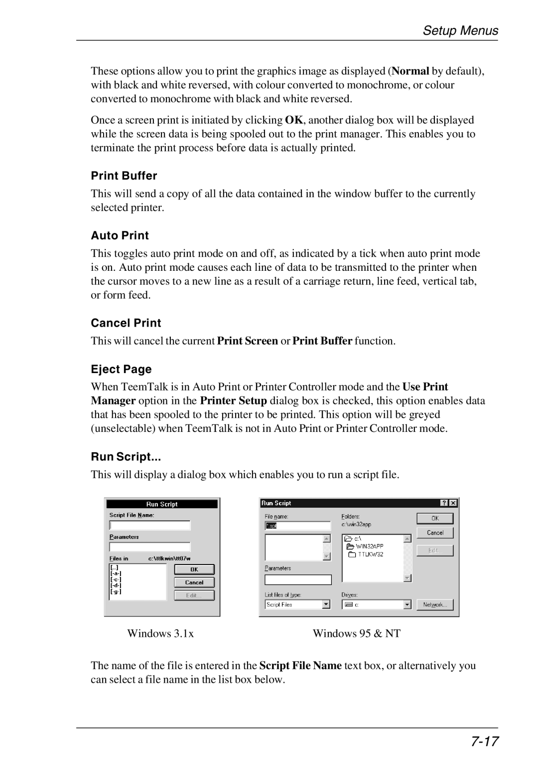 Xerox 07W & -11W, 05W manual Print Buffer, Auto Print, Cancel Print, Eject, Run Script 