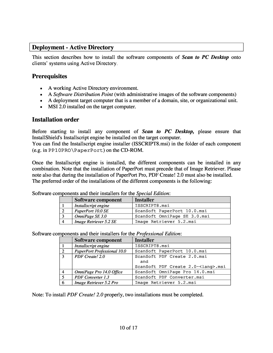 Xerox 098S04703 manual Deployment - Active Directory, Prerequisites, Installation order, Software component, Installer 
