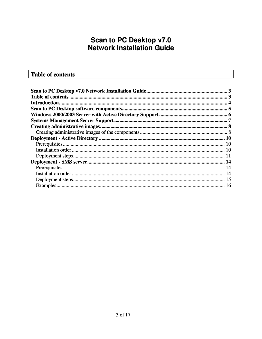 Xerox 098S04703 manual Table of contents, Scan to PC Desktop Network Installation Guide 