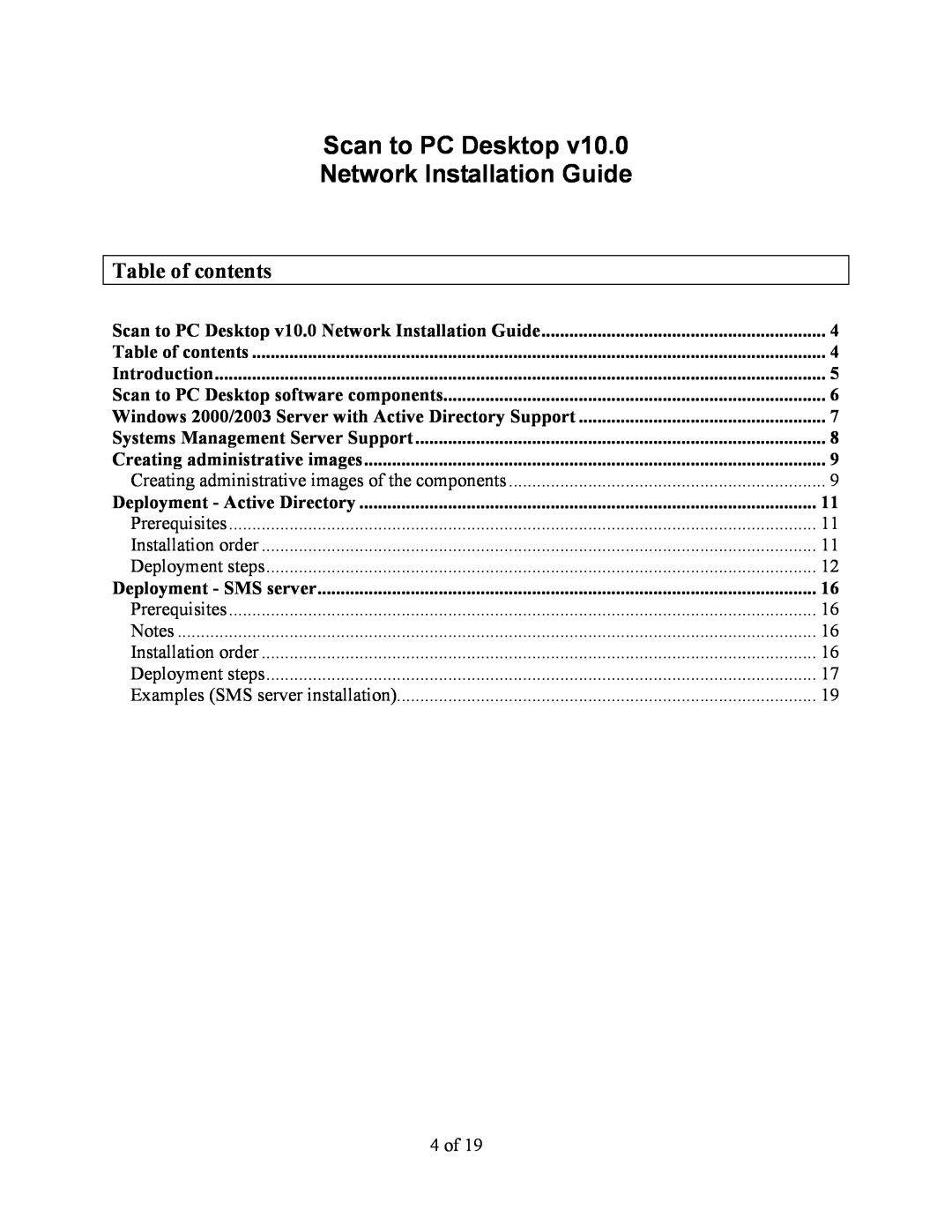 Xerox 10 manual Table of contents, Scan to PC Desktop Network Installation Guide 