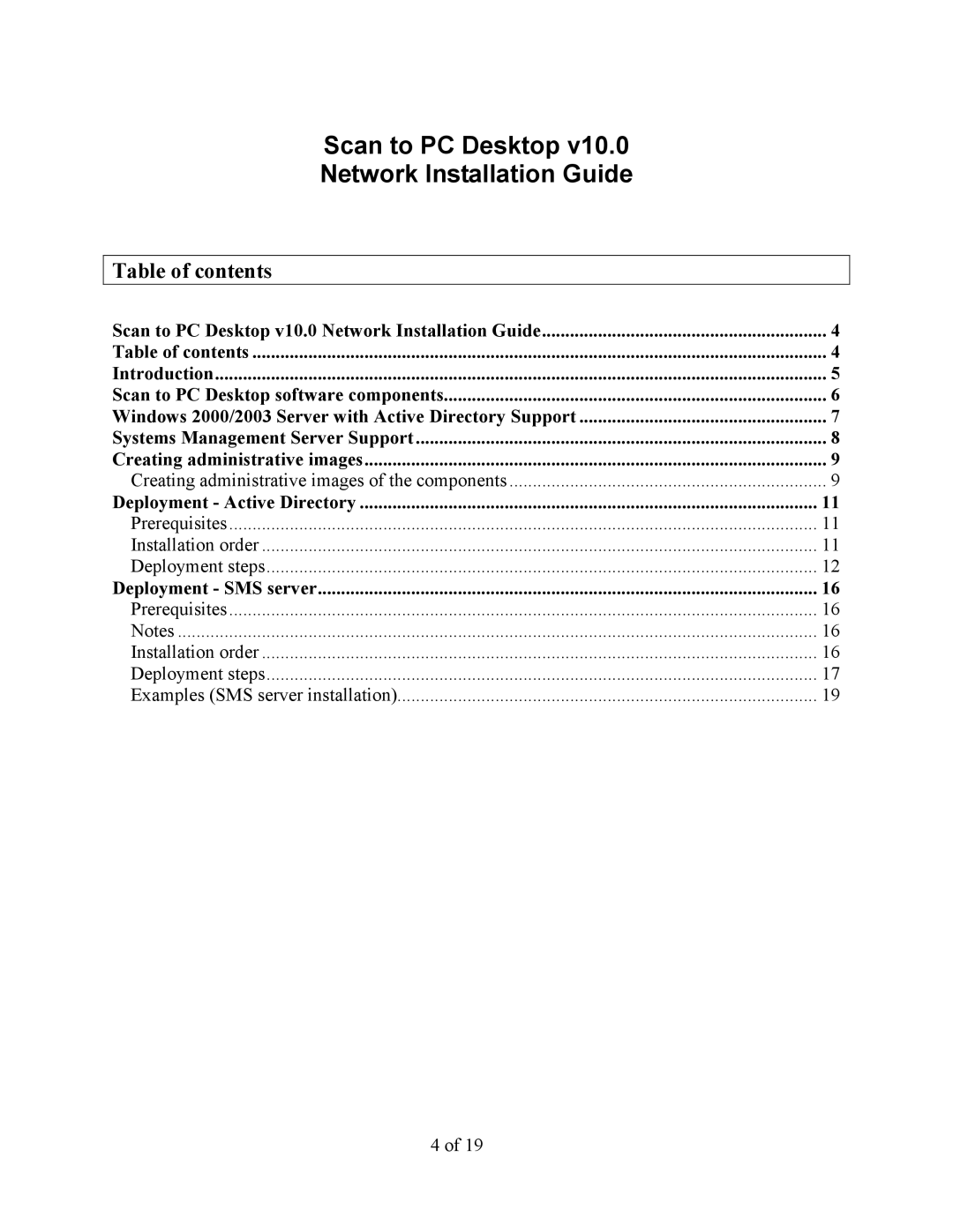 Xerox 10 manual Scan to PC Desktop Network Installation Guide, Table of contents 