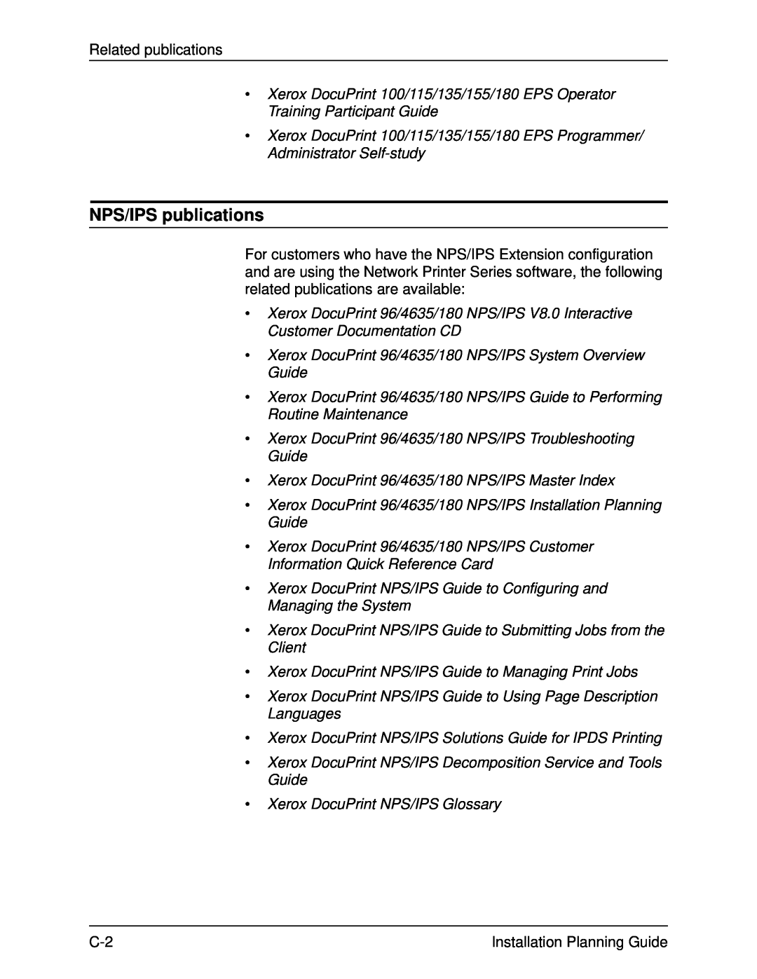 Xerox 135, 100 Xerox DocuPrint 96/4635/180 NPS/IPS System Overview Guide, Xerox DocuPrint 96/4635/180 NPS/IPS Master Index 