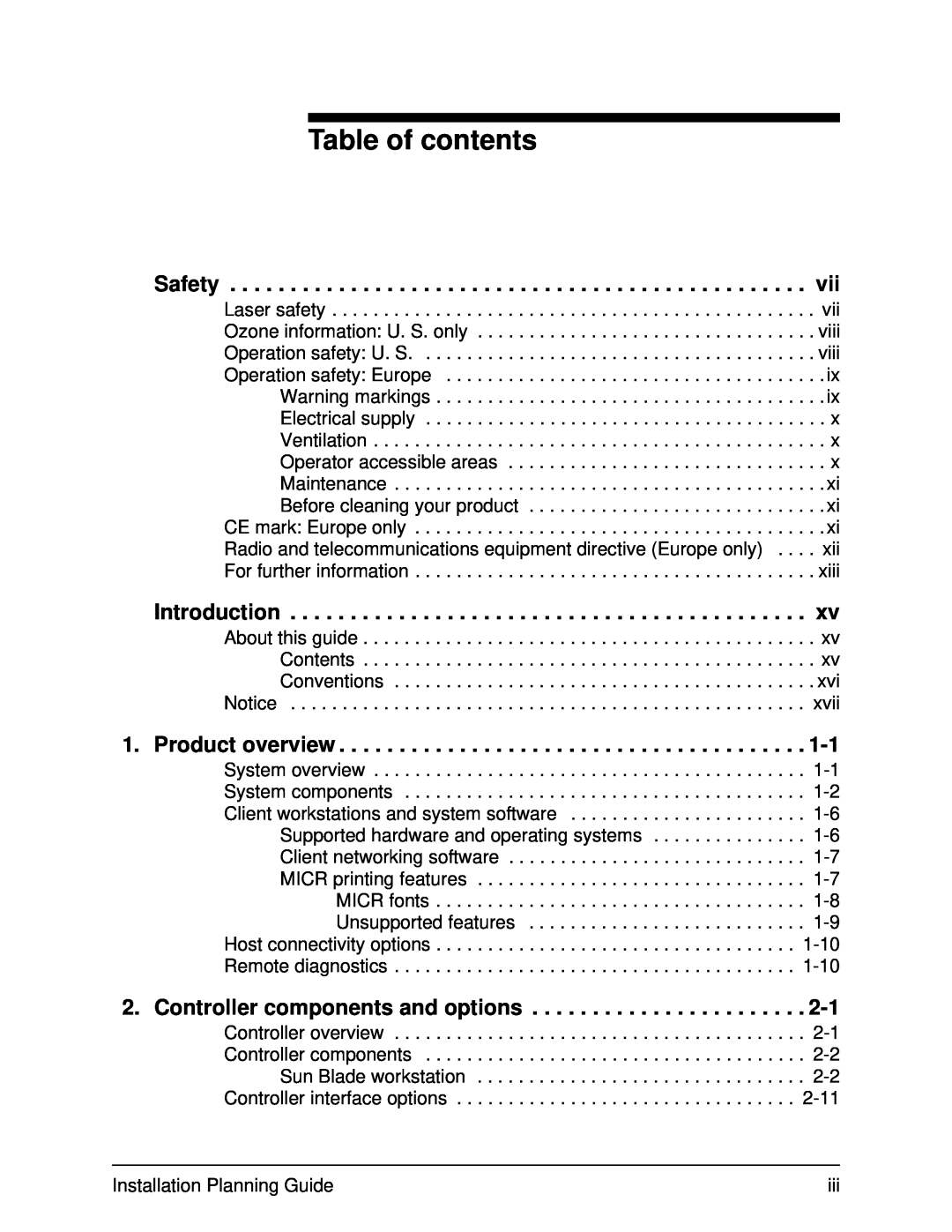 Xerox 115, 100, 155, 135 manual Table of contents, Safety, Introduction, Product overview, Controller components and options 